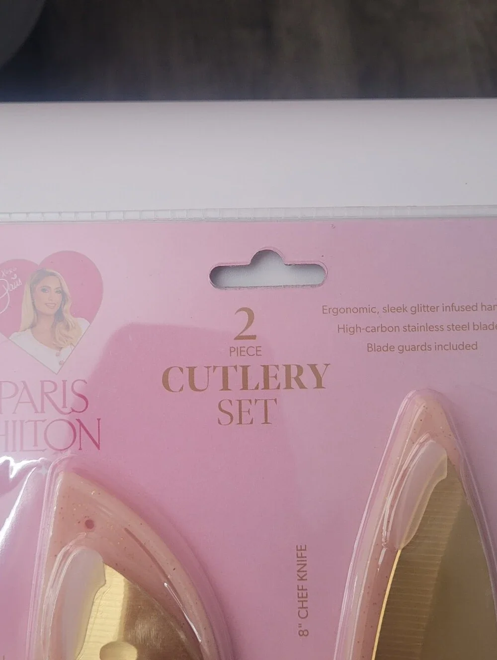 Paris Hilton 2 Pc Cutlery Knife Set Chef Santoku Blush Pink Gold Fairy Glitter